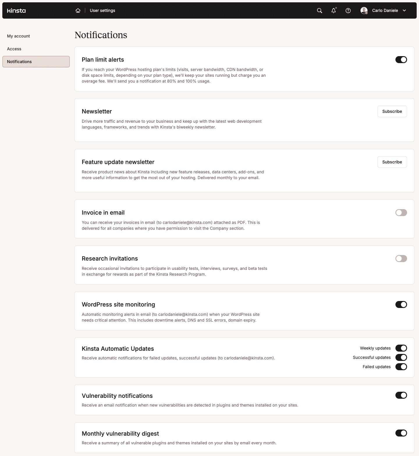 Benachrichtigungseinstellungen in MyKinsta