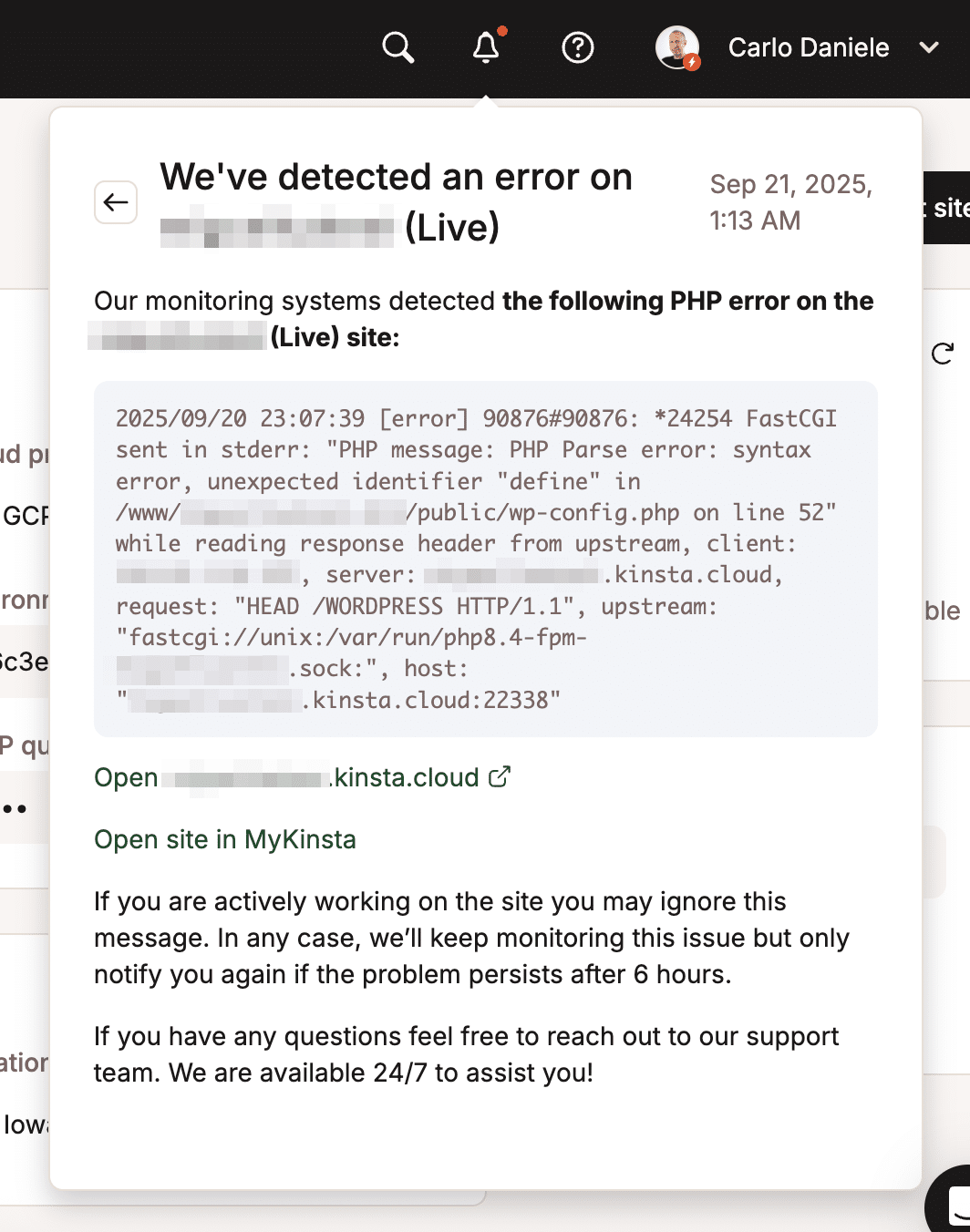 Eine PHP-Fehlerbenachrichtigung in MyKinsta