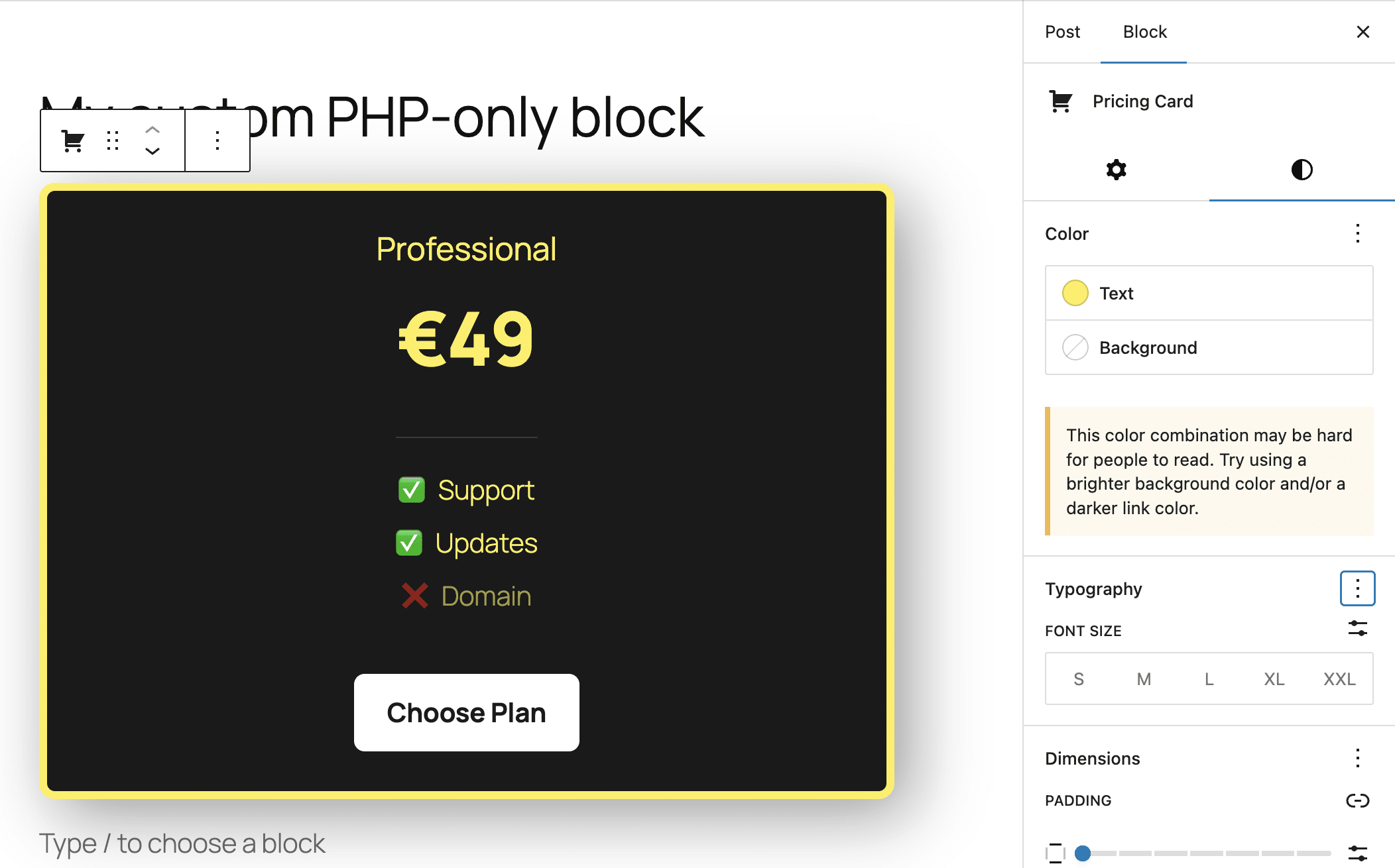 The dark theme of the PHP-only block with custom colors