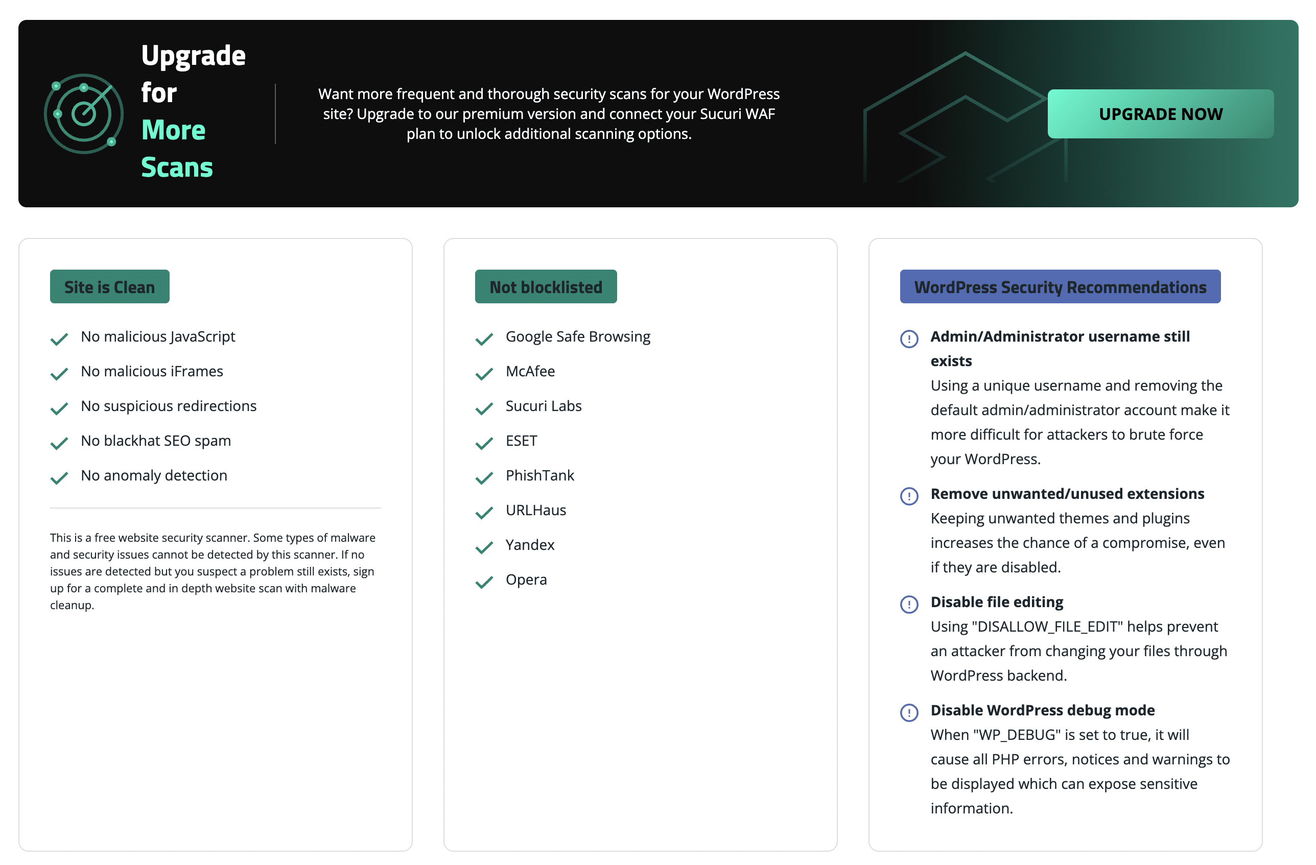 Dashboard des Sucuri Security-Plugins