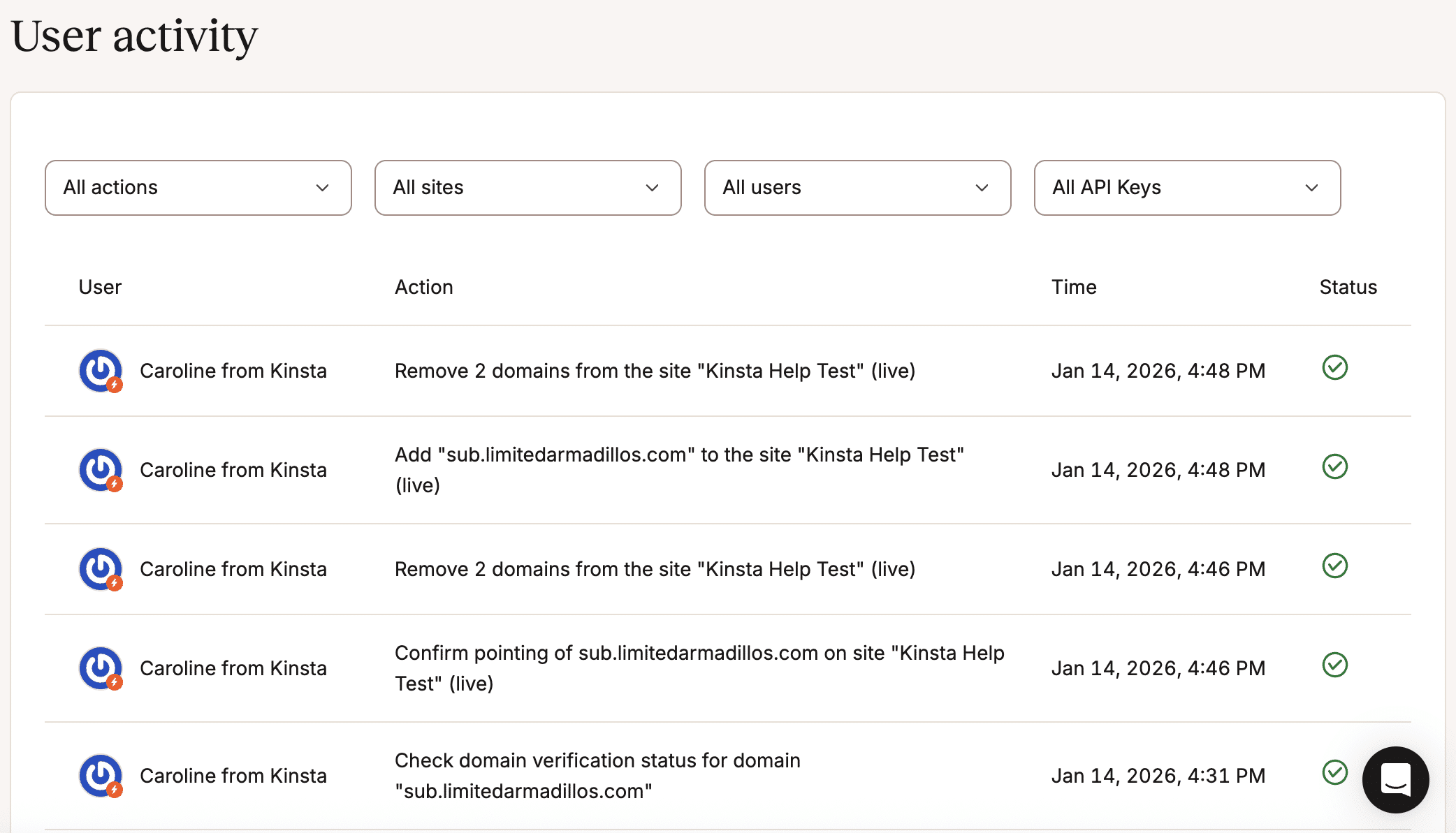 A screenshot of the user activity log in MyKinsta.