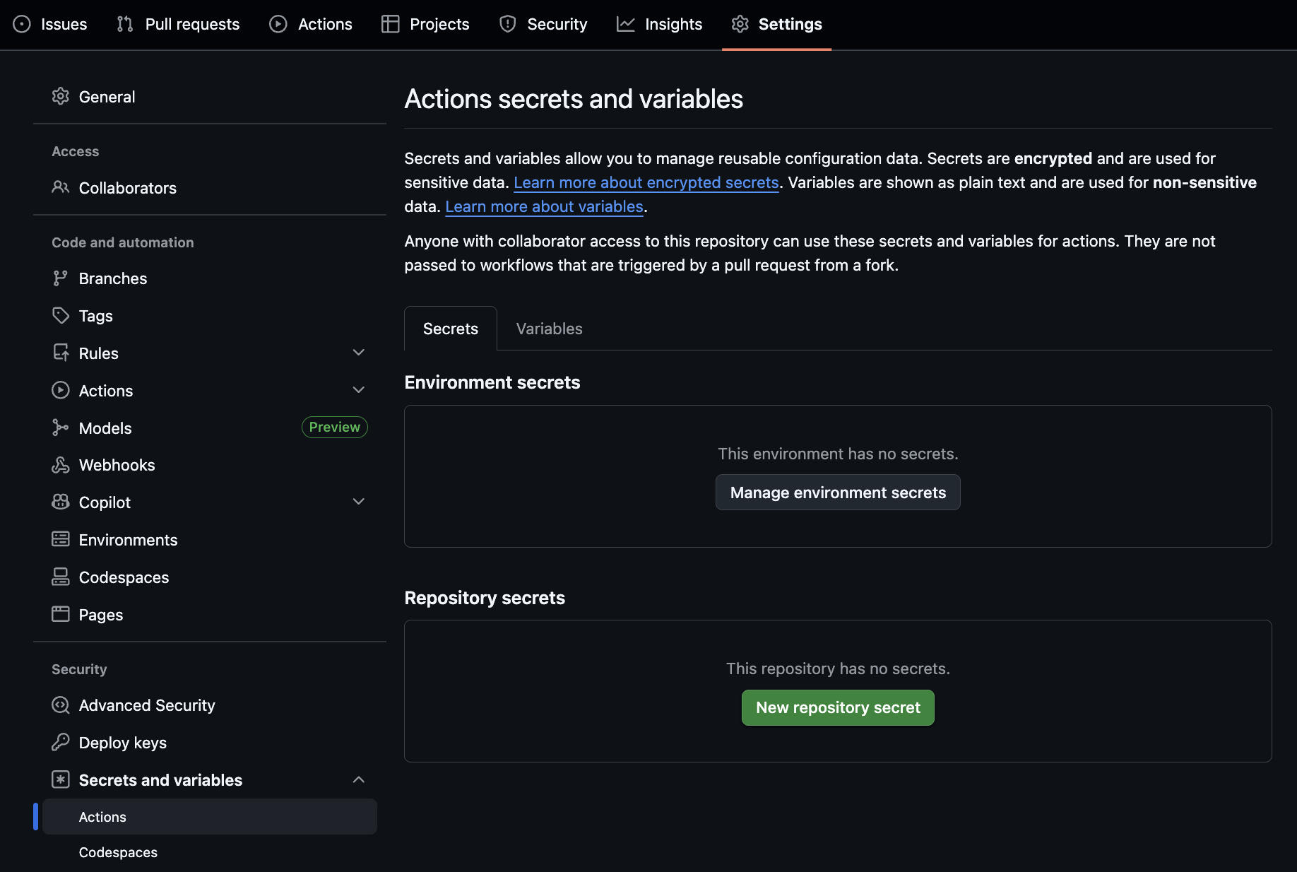 Actions secrets en variabelen configuratiepagina
