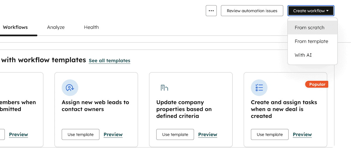 Criar fluxo de trabalho no HubSpot.