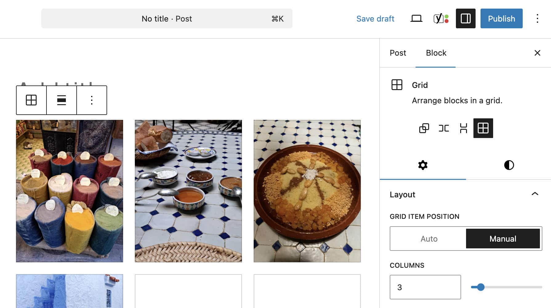 Impostazioni del blocco griglia in WordPress 6.9.