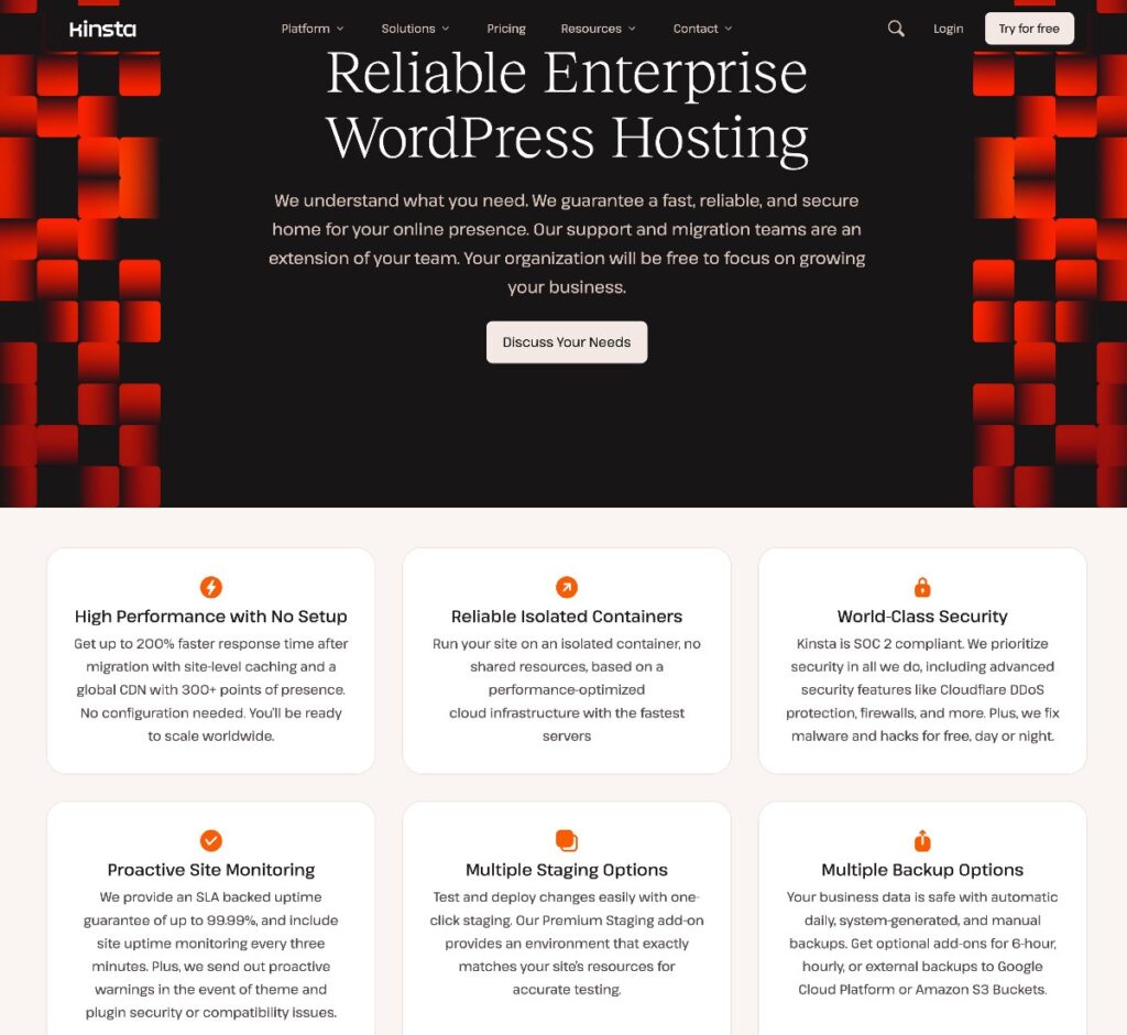 L'hébergement d'entreprise de Kinsta pour les plans WordPress.