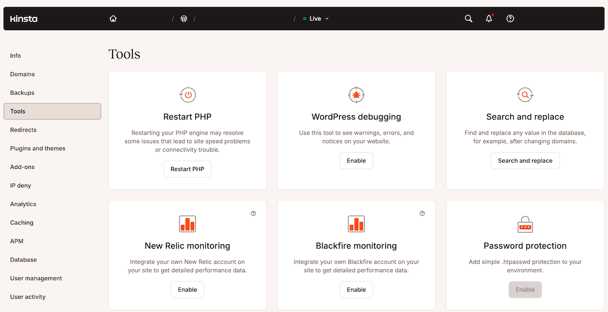 The Tools section in MyKinsta showing the self-healing PHP and database optimization toggles alongside other site tools.