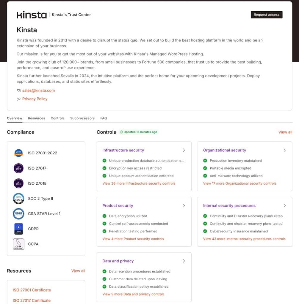Le Kinsta Trust Center offre des informations transparentes sur la plateforme de Kinsta.
