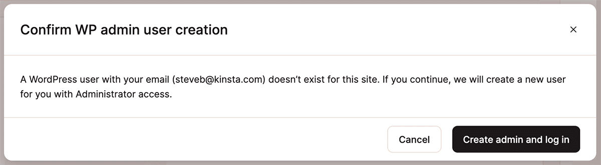 Een screenshot van het bevestigingsvenster voor het aanmaken van een auto-login gebruikersaccount in WordPress via MyKinsta.