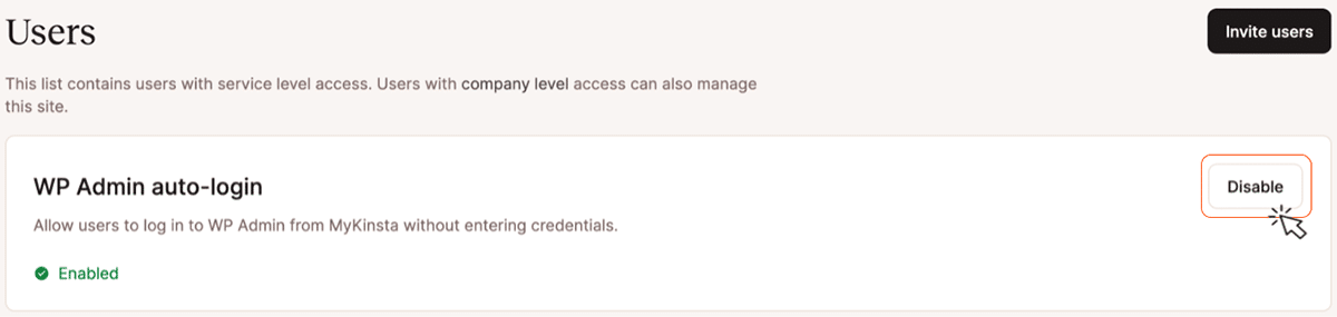 Een screenshot van het venster in MyKinsta waarmee je automatisch inloggen op WordPress Admin kunt in- of uitschakelen.