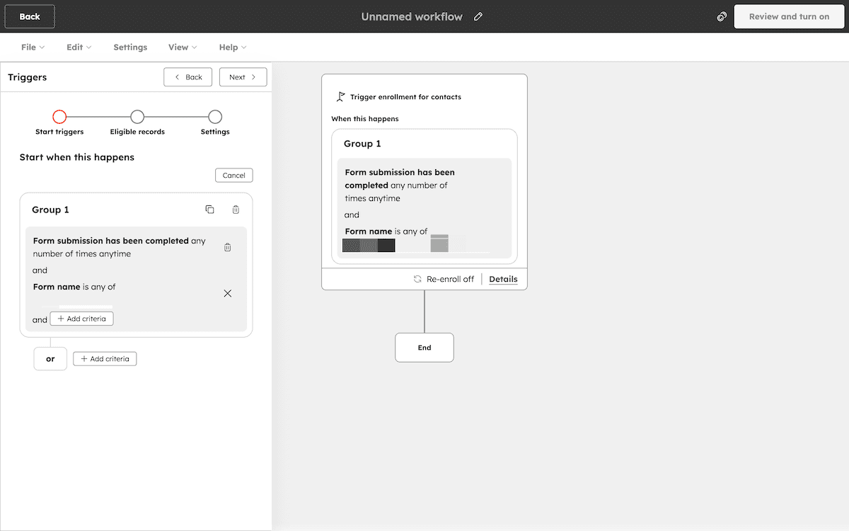 O editor de workflow do HubSpot mostrando um elemento de gatilho completo com a lógica relacionada ao gatilho.