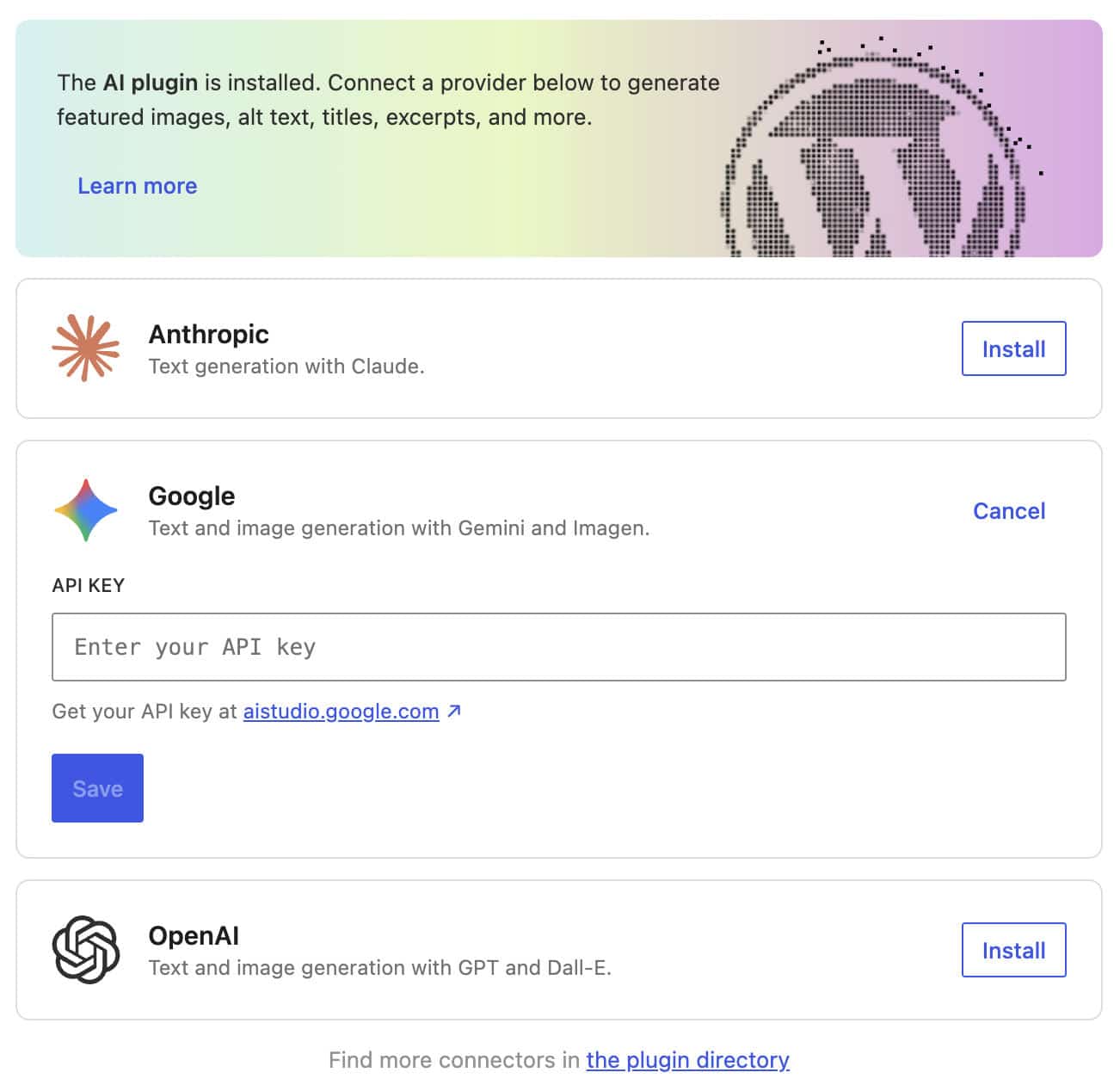 Aggiunta di una chiave API nell'interfaccia Connettori