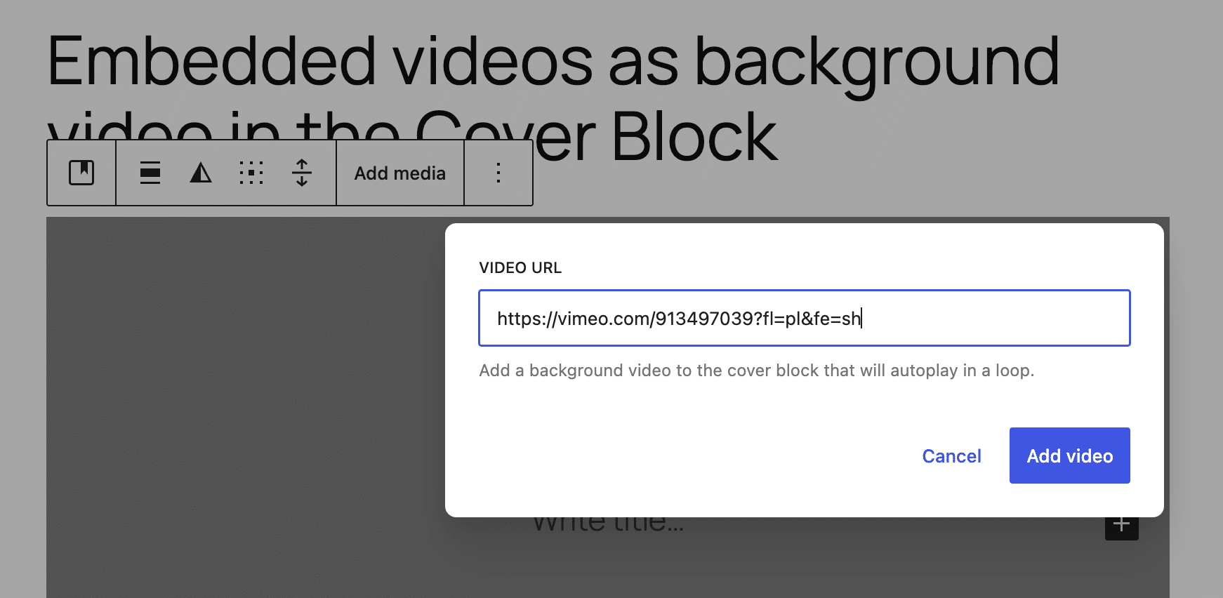 Inserire l'URL del video per il blocco copertina.