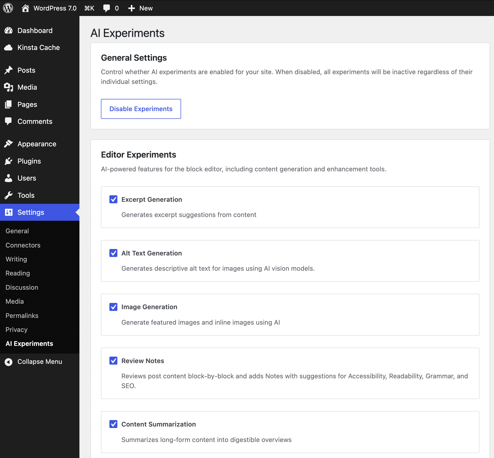 Impostazioni del plugin AI Experiments