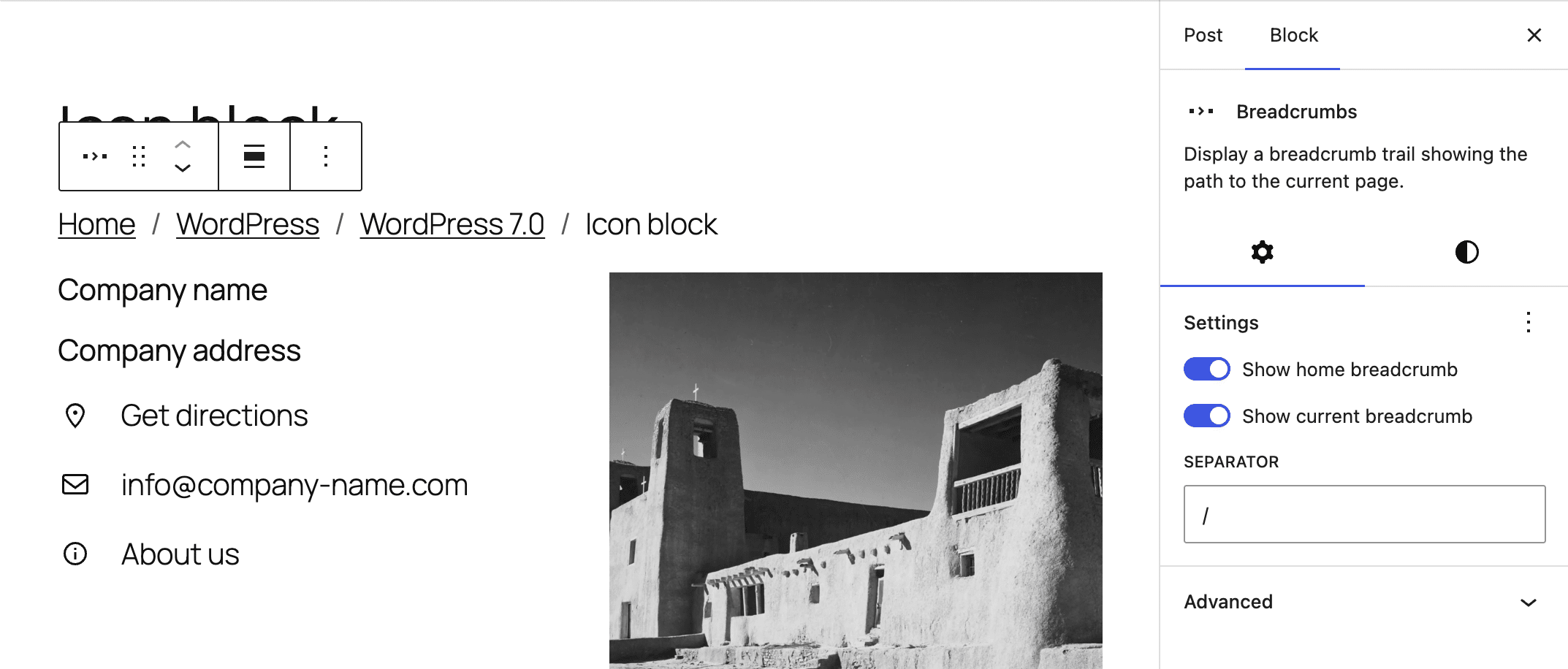 Il blocco Breadcrumbs mostra la gerarchia delle categorie del post.