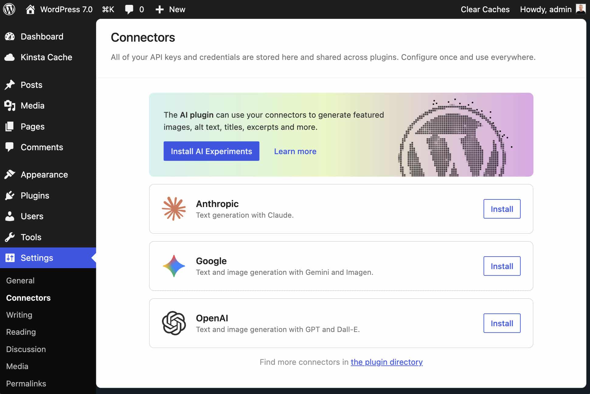 Schermata Connettori in WordPress 7.0.