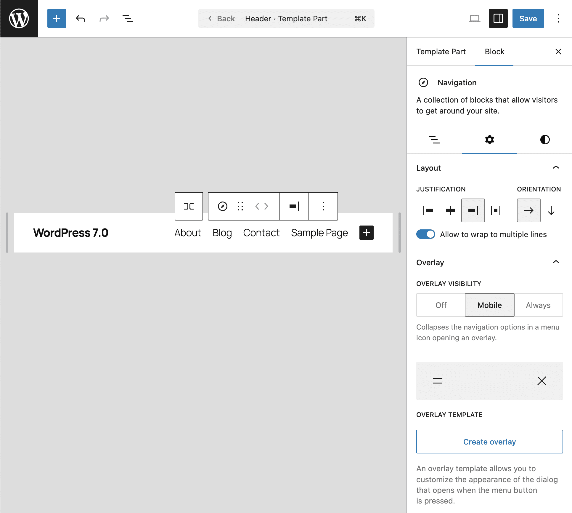 Creare un Overlay di navigazione in WordPress 7.0.