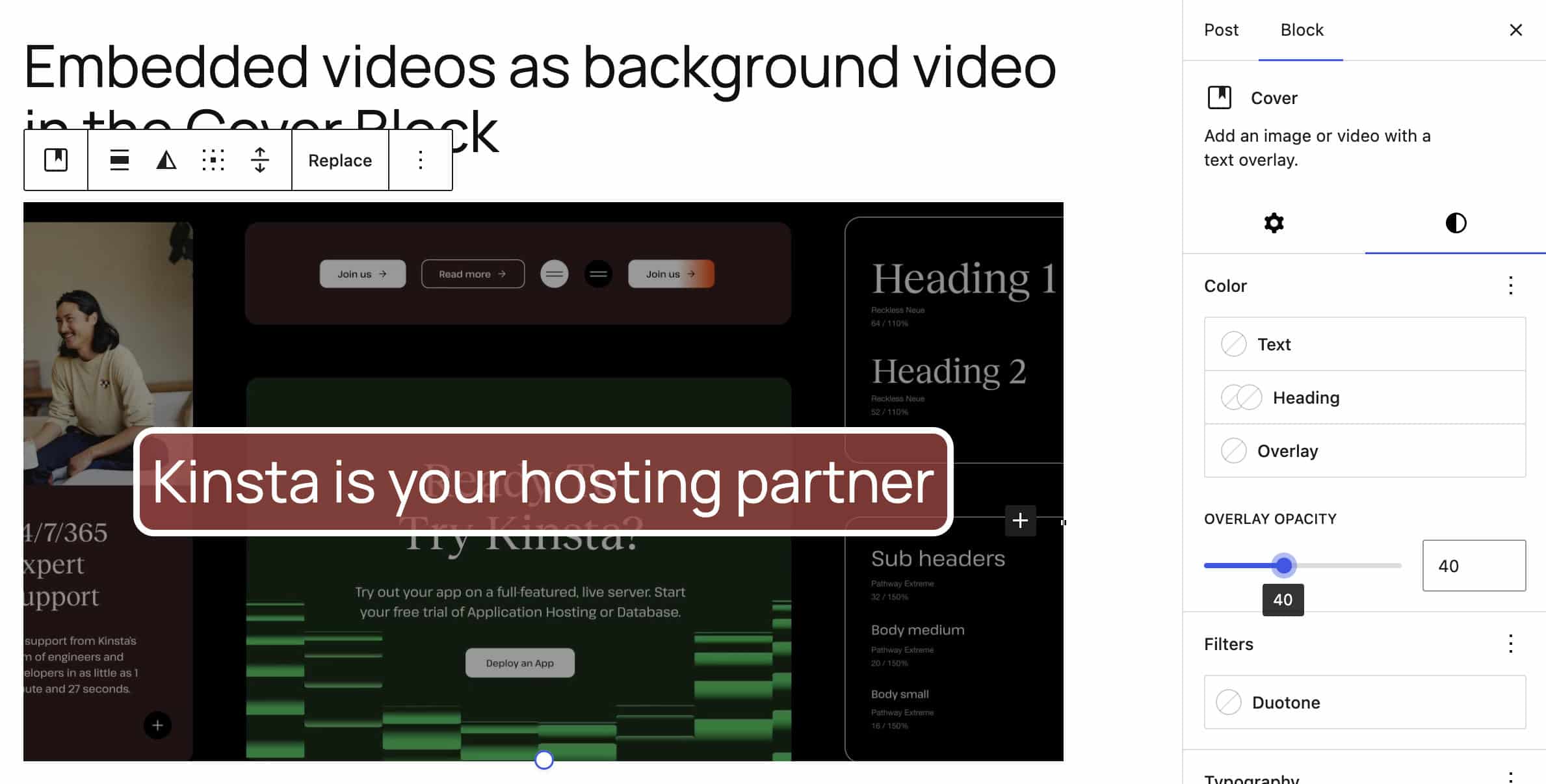 Incorporare un video come sfondo per il blocco di copertina.