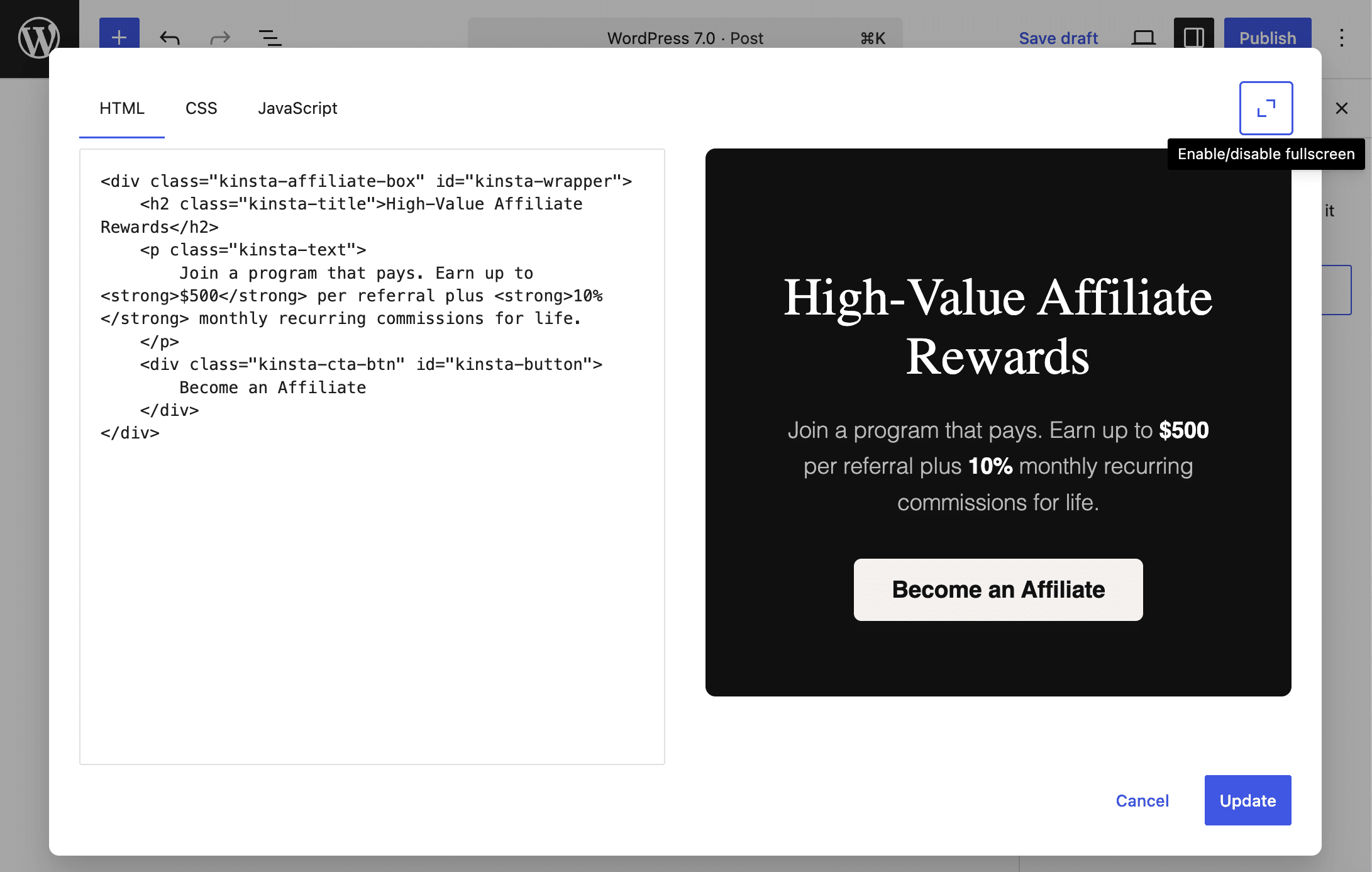 La finestra modale del blocco HTML in modalità a schermo intero.