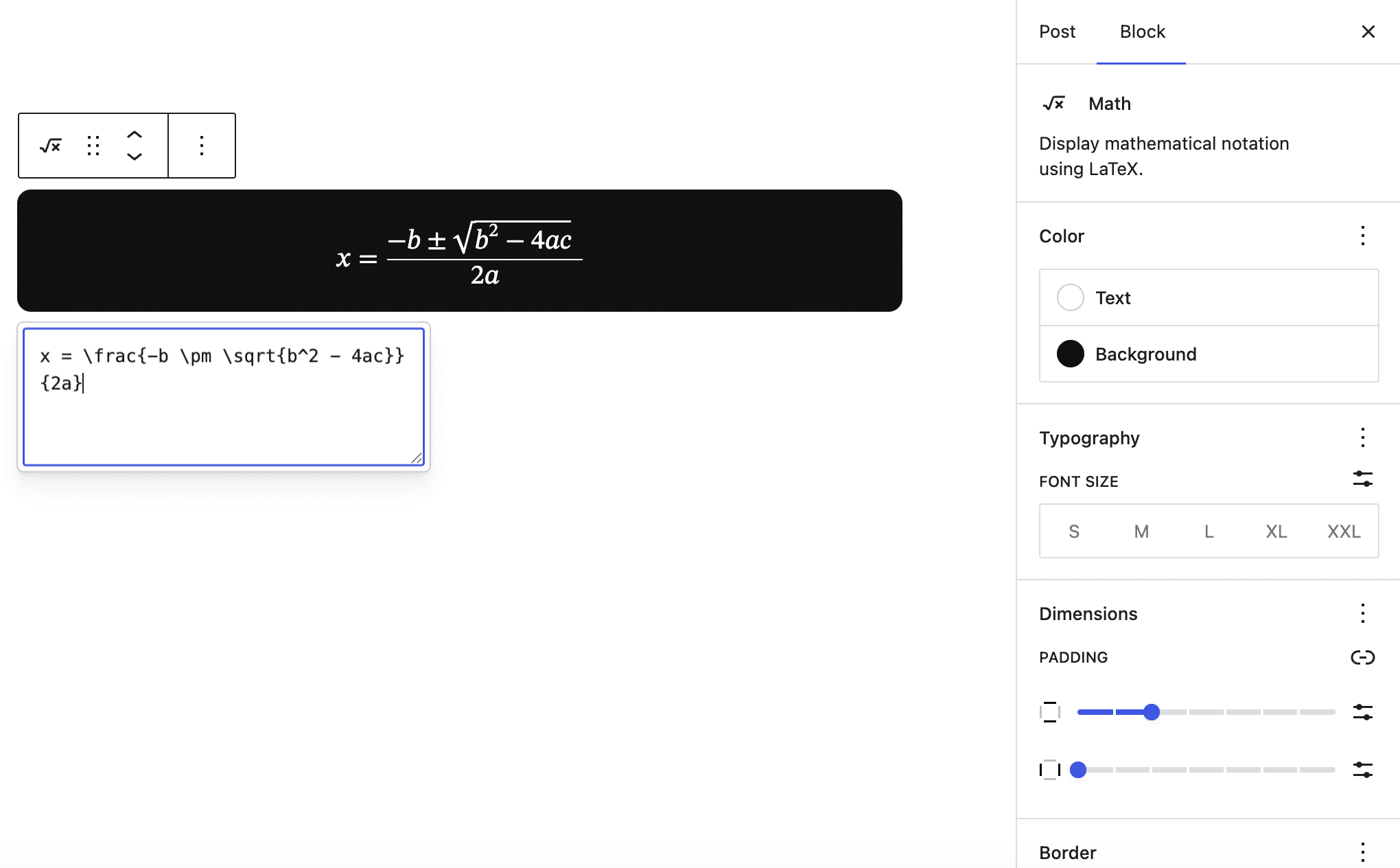 Opzioni di stile per il blocco Math.