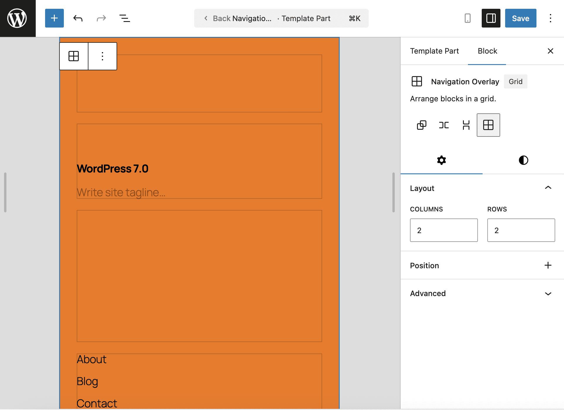 Configurazione dei blocchi in un Overlay di navigazione.