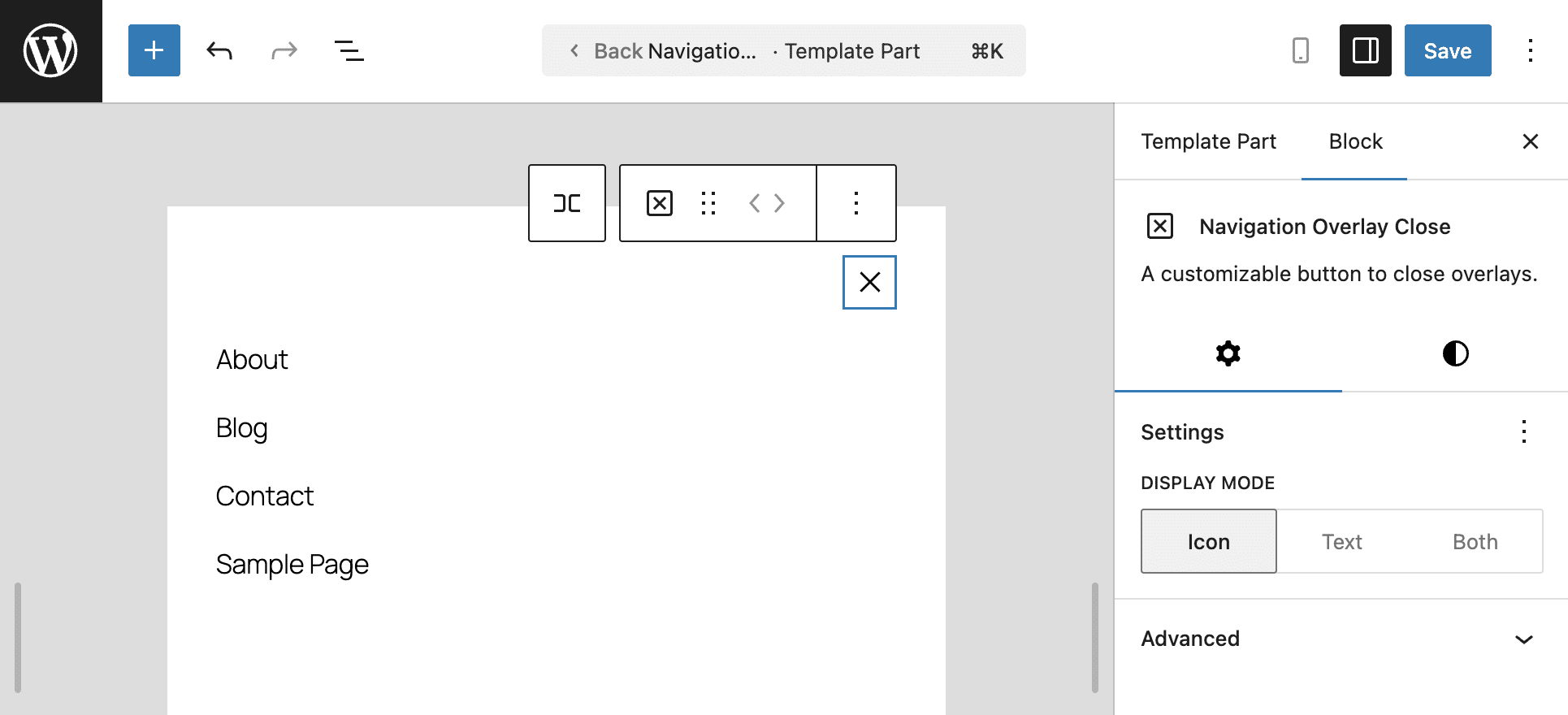 Impostazioni del blocco Navigation Overlay Close.
