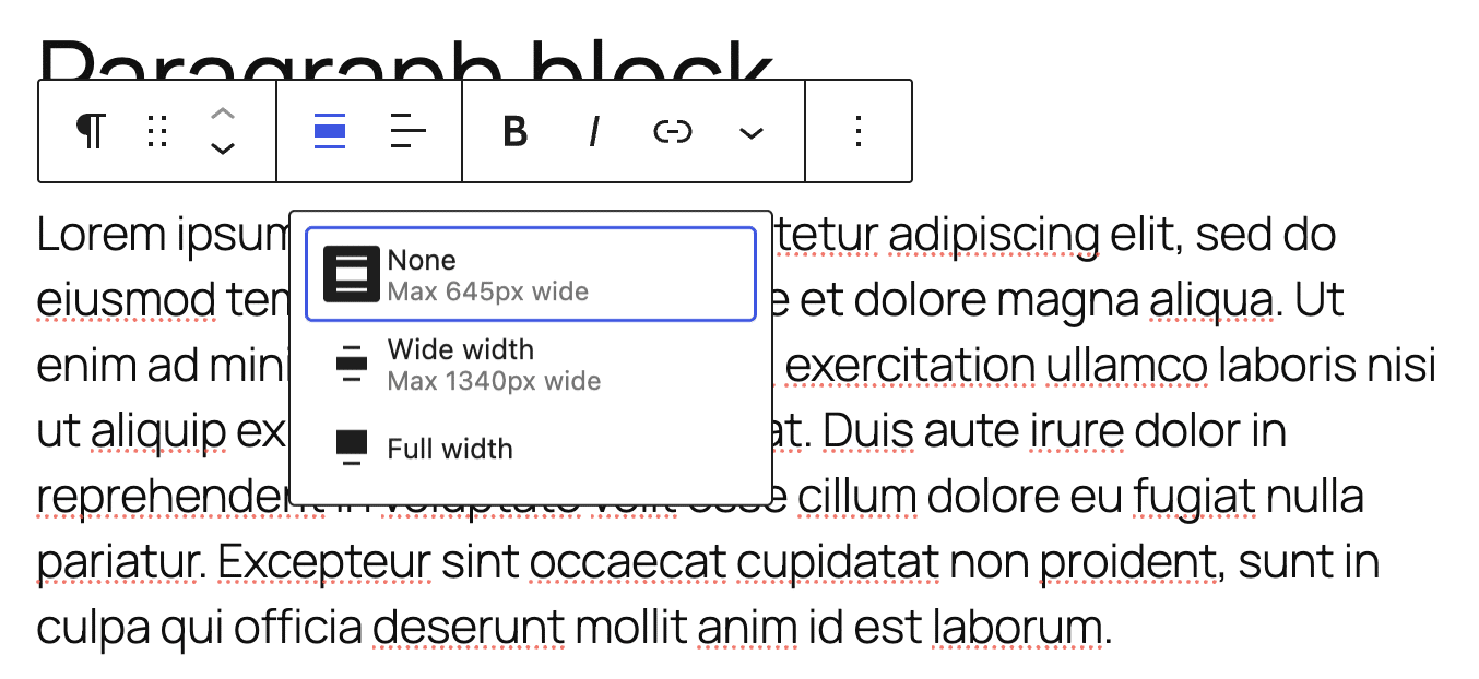Il blocco Paragrafo ora supporta l'allineamento ampio e completo.