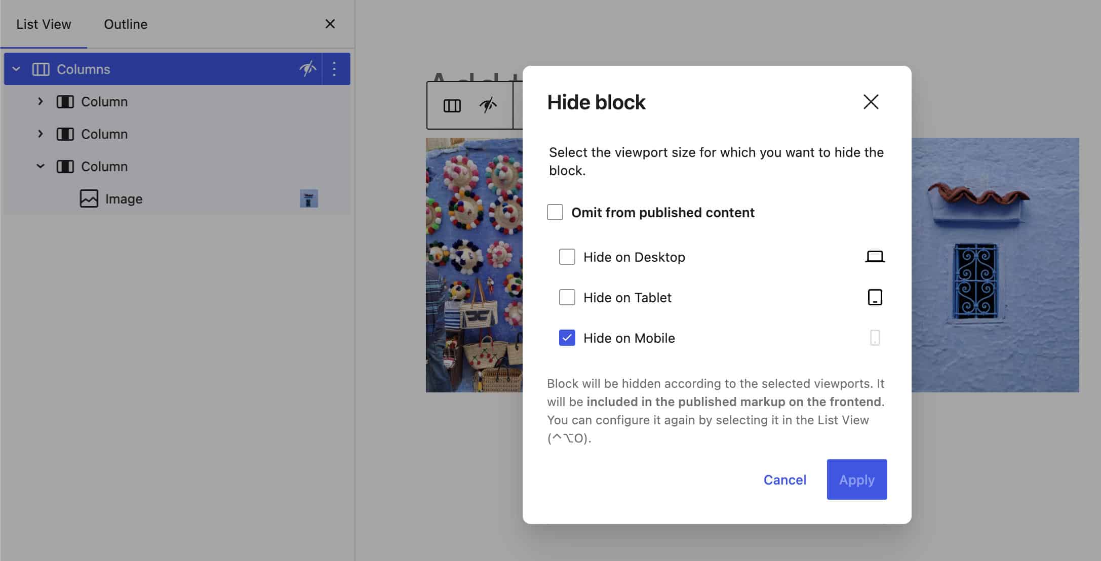 La finestra modale della visibilità dei blocchi in WordPress 7.0