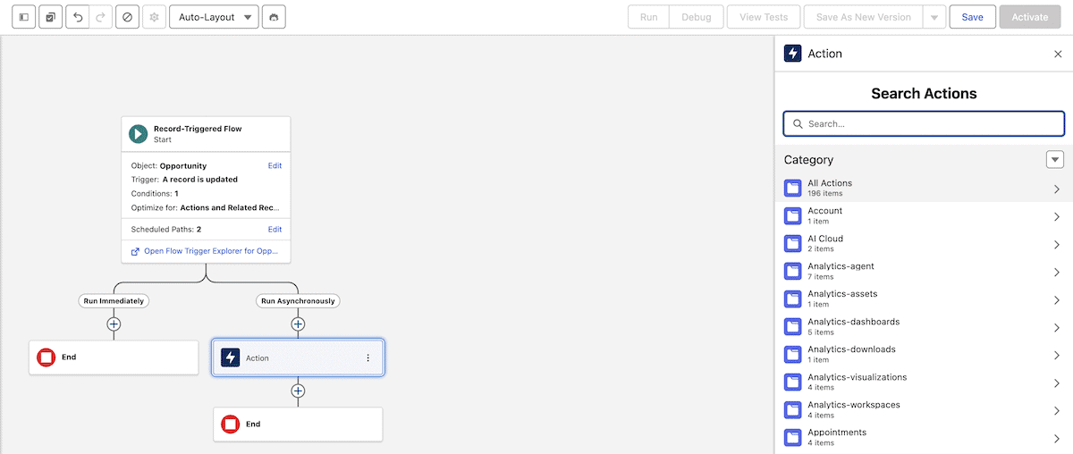 El panel Buscar acciones del Flow Builder de Salesforce, que muestra diferentes formas de interactuar con el elemento Acción en la ruta Ejecutar asíncronamente
