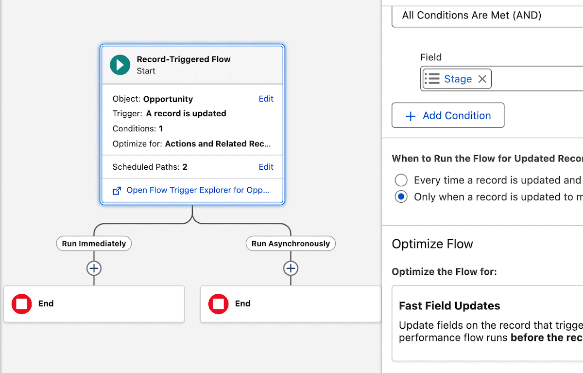 Flow Builder muestra dos opciones: Ejecutar inmediatamente y Ejecutar de forma asíncrona.