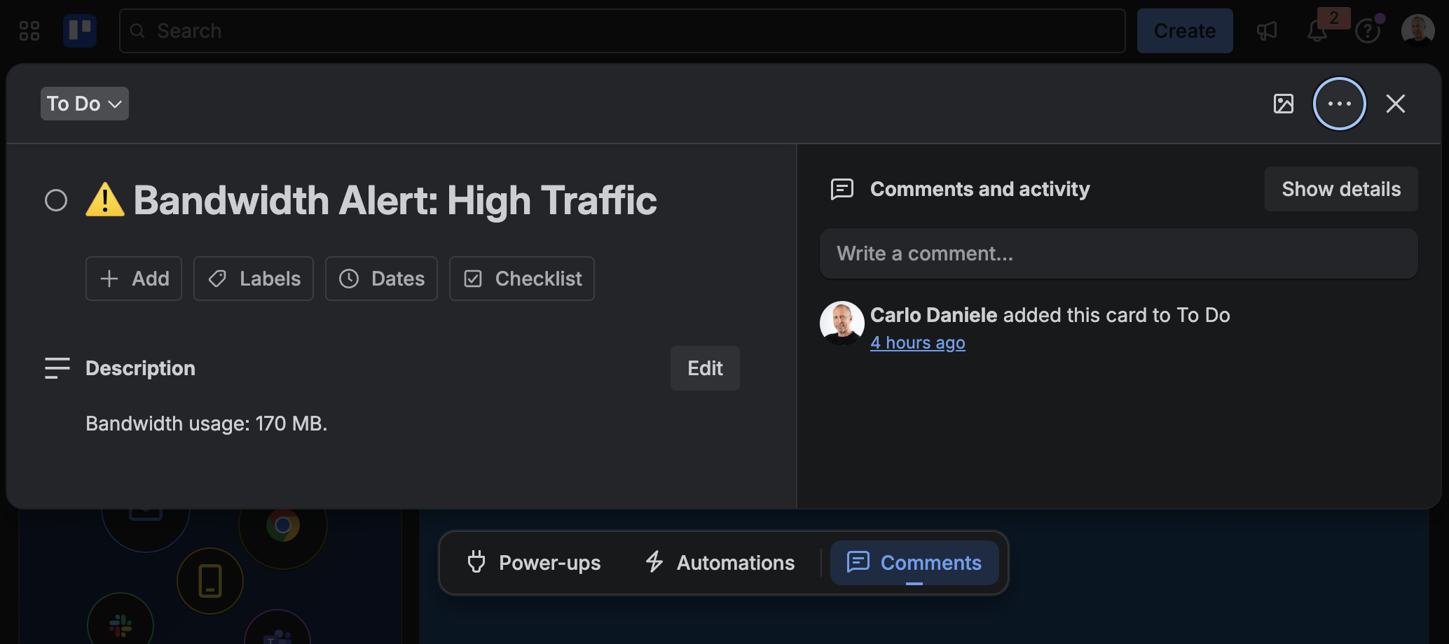 Een trello kaart die automatisch wordt aangemaakt na een bandbreedtecontrole