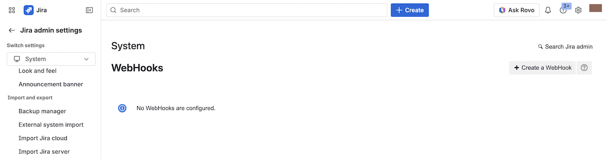 Il pannello di amministrazione di Jira Cloud che mostra la sezione WebHooks con il pulsante 'Create un WebHook' in alto a destra.
