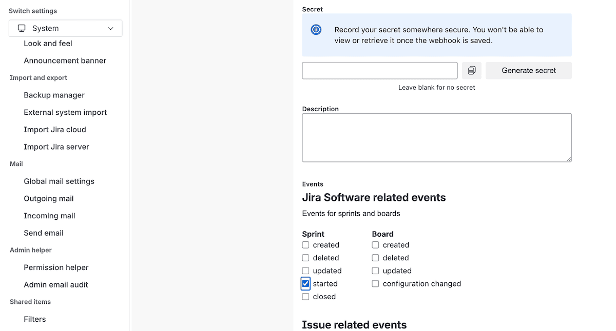 Il modulo di creazione dei webhook di Jira che mostra il campo 'Name', il campo 'URL' e la sezione 'Eventi' con l'opzione 'Sprint started' selezionata.