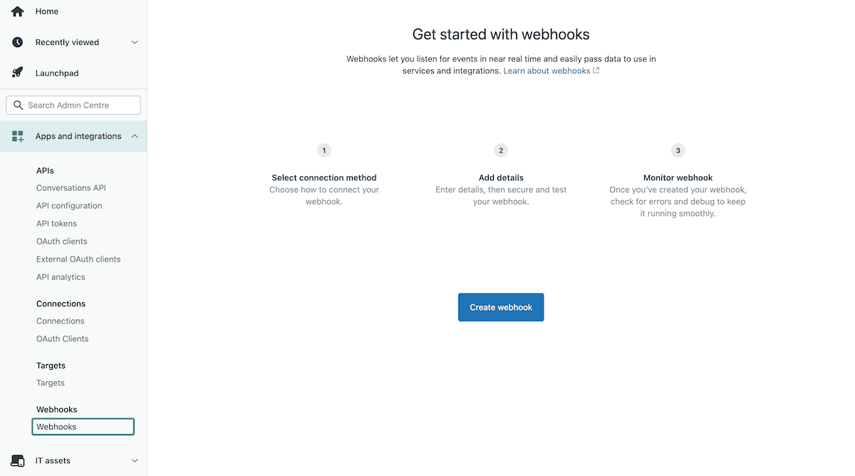La página de webhooks de Zendesk, en la que se muestra la opción de crear un nuevo webhook con un botón azul en el centro de la pantalla.