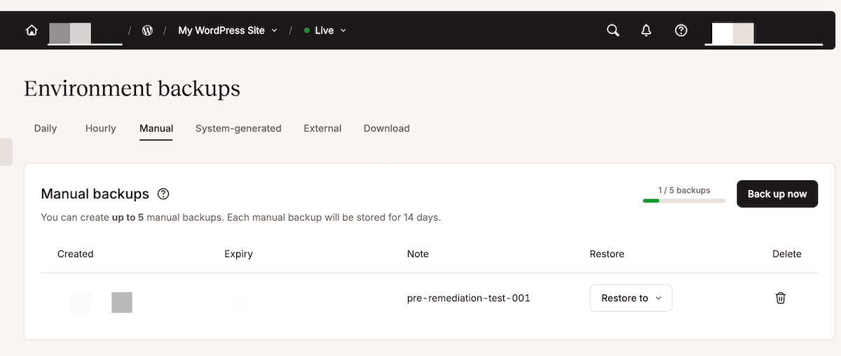 La pantalla Copias de seguridad de MyKinsta muestra una nueva copia de seguridad creada a partir de un ticket de Zendesk, junto con una nota al respecto.
