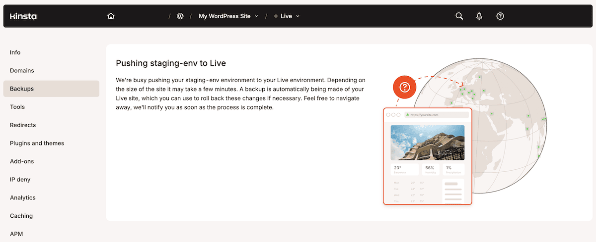 El panel de control de MyKinsta muestra cómo se está publicando un sitio de staging.