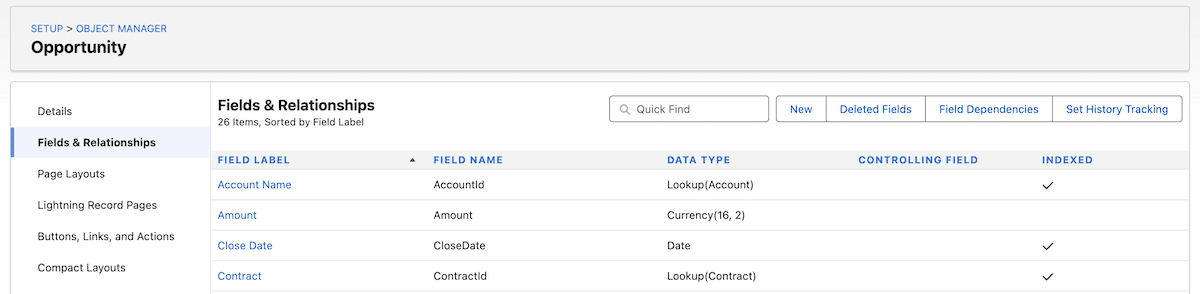 Las páginas de opciones de configuración Campos y Relaciones en Salesforce.
