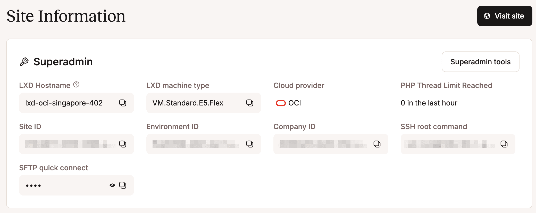 MyKinstaのサイト情報画面
