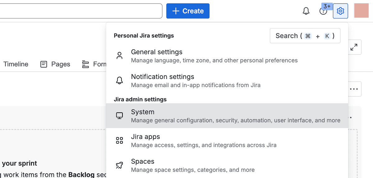 L'opzione 'Jira Cloud System' nel menu delle impostazioni generali dell'interfaccia utente di Jira.