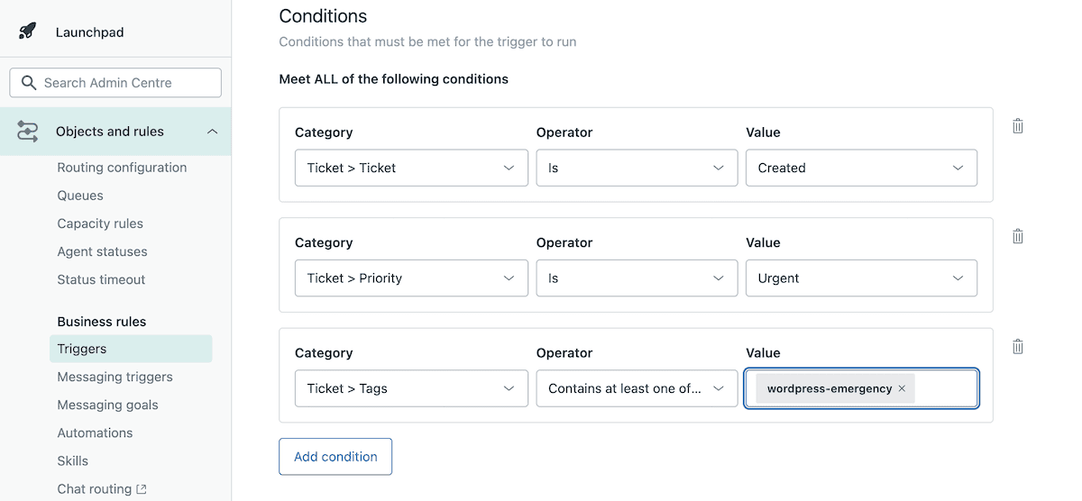 El editor de disparadores de Zendesk muestra las condiciones establecidas para ticket creado, prioridad urgente y etiqueta que contenga wordpress-emergency.