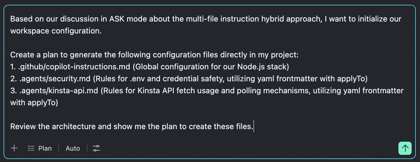 Instrucciones de planificación arquitectónica en el chat de Copilot