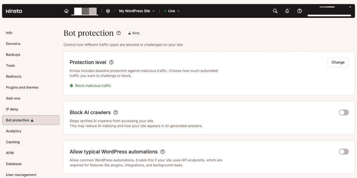 A tela Proteção contra bots no MyKinsta mostrando opções para o nível de proteção, bloqueio de Crawlers de IA e permissão para automações típicas do WordPress.