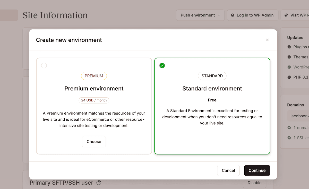 Het venster Nieuwe omgeving aanmaken in MyKinsta met opties voor standaard en premium omgevingstypen.