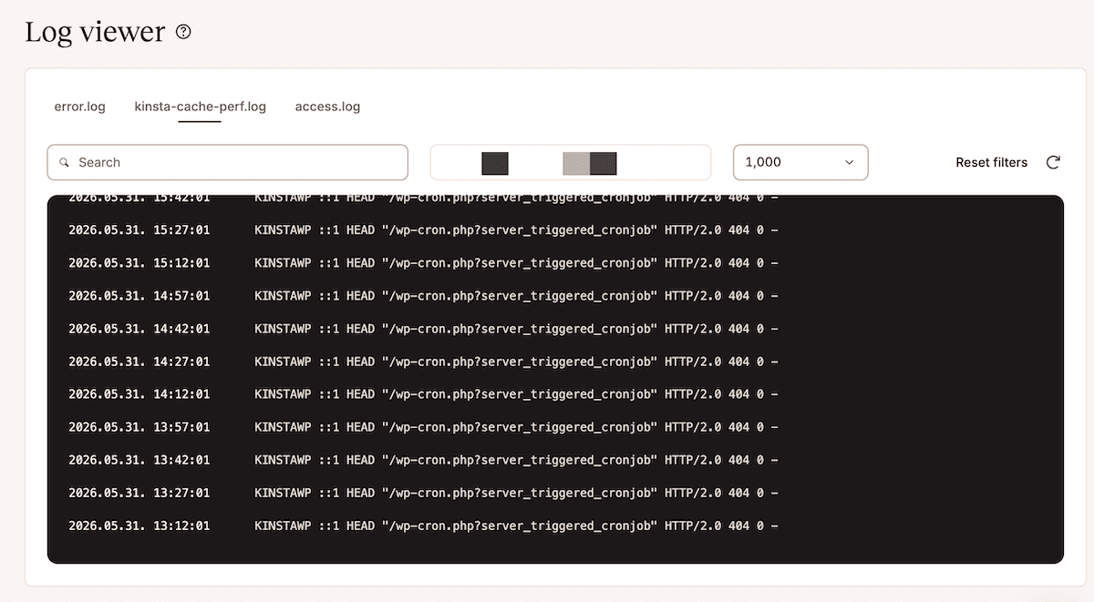 A tela registros da Kinsta mostrando o arquivo kinsta-cache-perf.log, incluindo erros e registros.