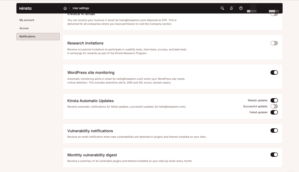 El botón de activación o desactivación de las notificaciones de Monitorización del Sitio en la pantalla de Configuración de usuario de MyKinsta.