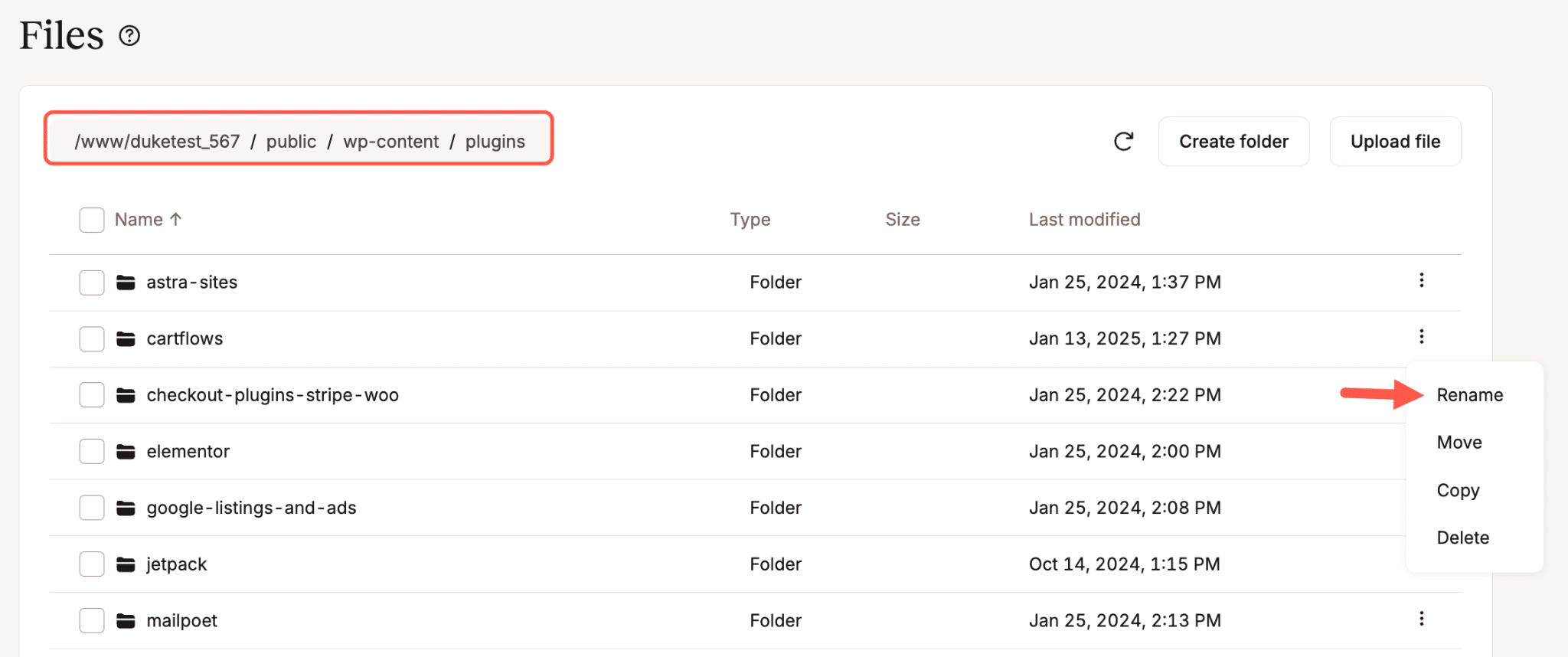 Benenne den Plugin-Ordner im MyKinsta-Dateimanager um