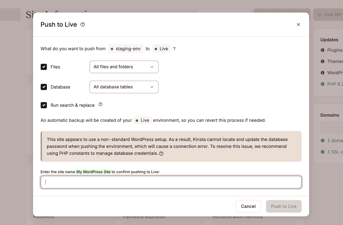 Het dialoogvenster Push-omgeving in MyKinsta met opties voor het deploybereik, waaronder Bestanden, Database en bijbehorende dropdownmenu's.