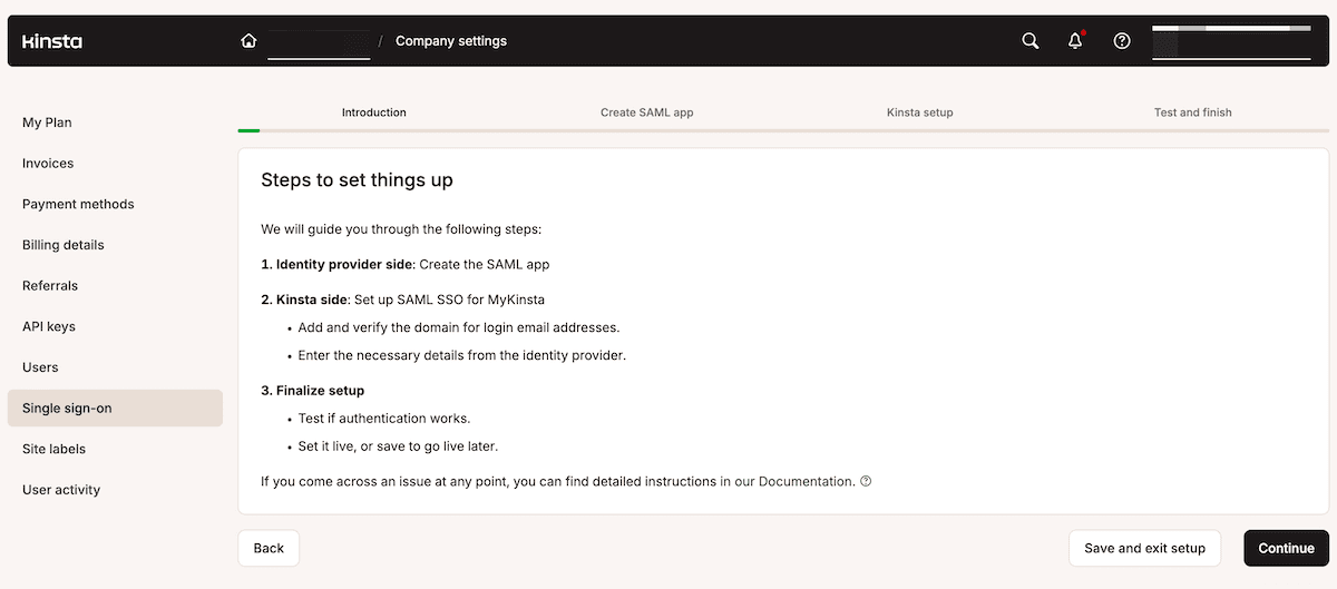 Het instellingsscherm voor Single Sign-On in MyKinsta met de installatiewizard en instructies om SAML SSO in te schakelen.