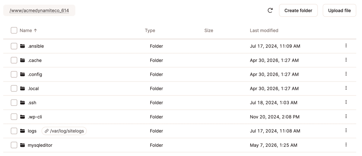 Screenshot che mostra il contenuto delle cartelle all'interno del file manager di MyKinsta.
