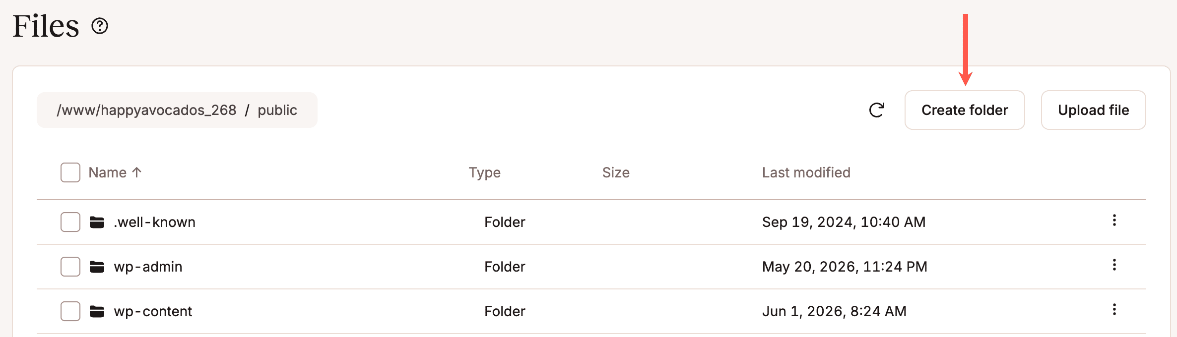 Uno screenshot che mostra l'interfaccia del file manager di MyKinsta con il pulsante