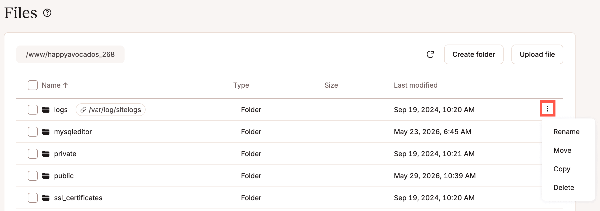 Uno screenshot che mostra le operazioni del menu a tre puntini relative ai symlink nel file manager di MyKinsta.
